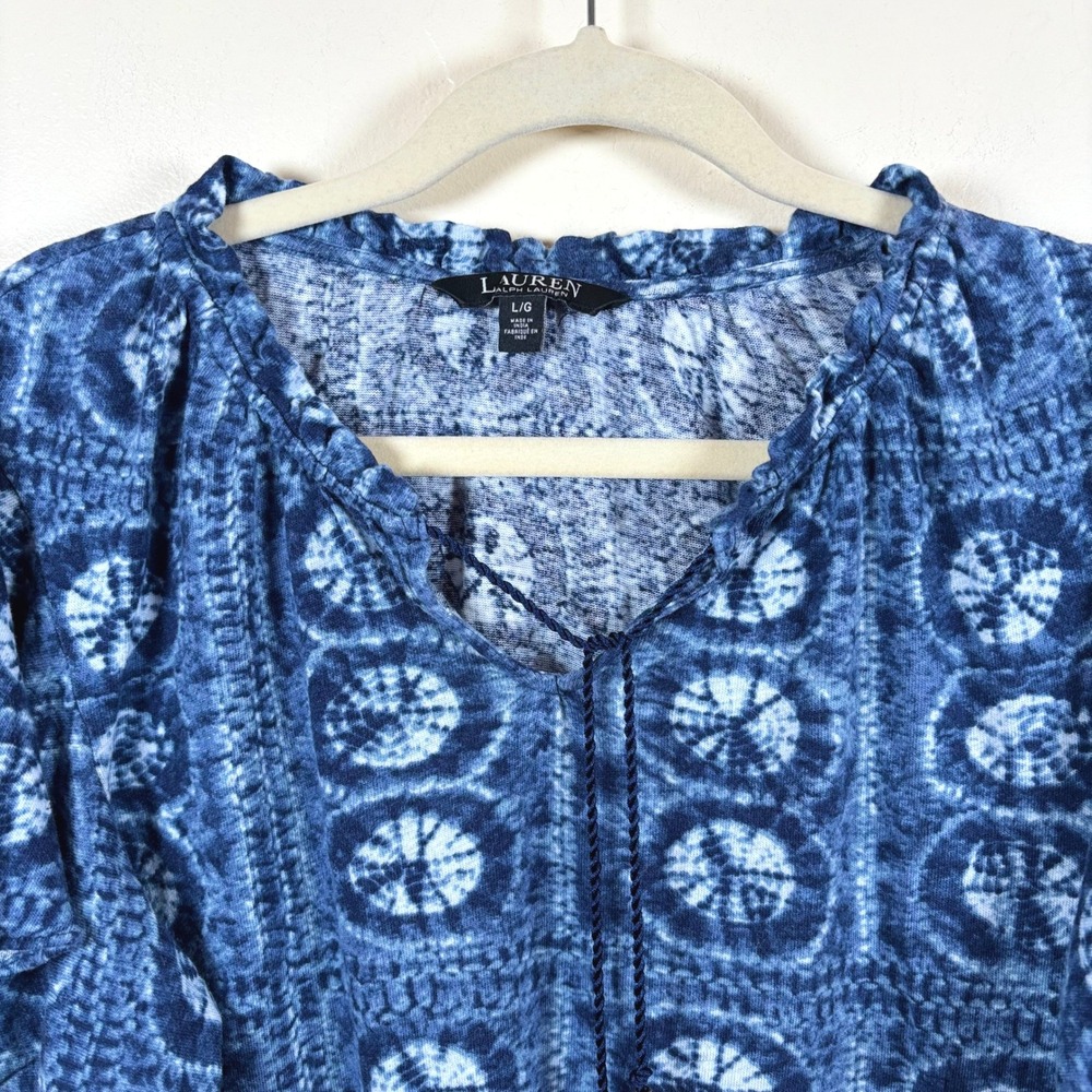 Lauren Ralph Lauren Tie-Dye Tassel Peasant Top Women's L Blue Linen Blend Boho - Picture 4 of 10